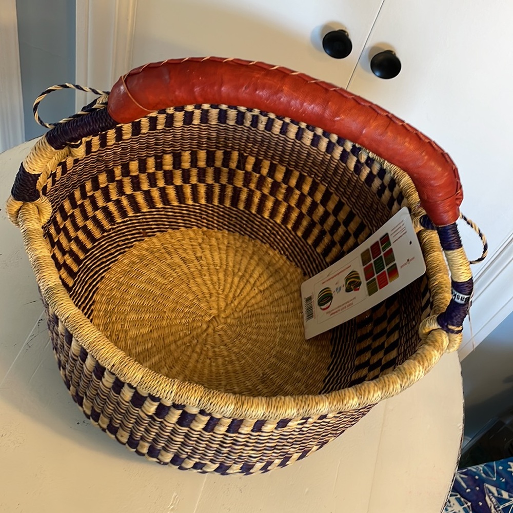 New African Market Basket Large Round With Leather Ha… Gem